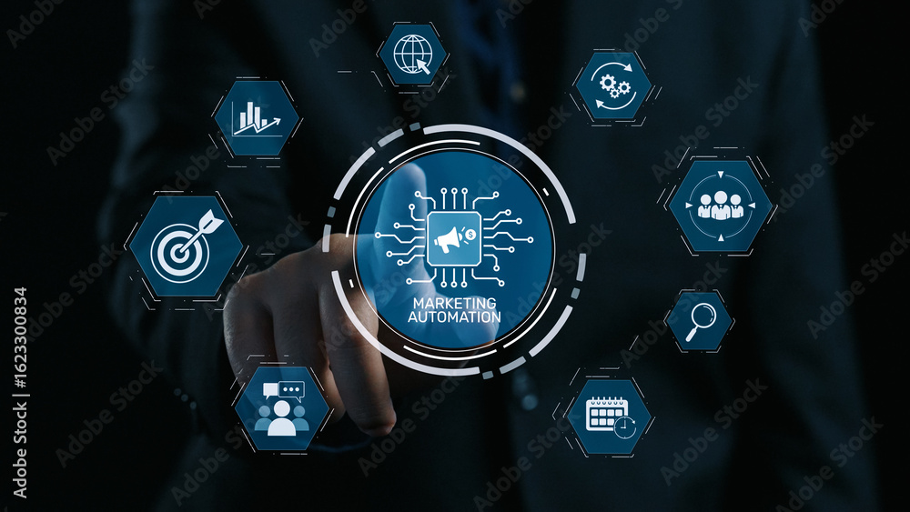 Poster marketing automation diagram showcase ai-driven campaign workflow, highlight marketing automation, d