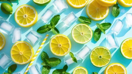 Bright summer beverages with lemon slices, mint leaves, ice cubes, and colorful straws on a vibrant background. Refreshing drink ingredients and cold refreshment concept.