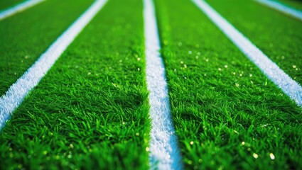 Green field with white lines on a running track. Sports and athletics, concept. Recreation and competition. The concept of teams and running races.