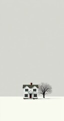A miniature white house sits on a snow-covered plain, beside a leafless tree, against a muted gray backdrop