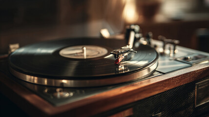 Vintage Turntable with Vinyl Records Stack - Nostalgic Analog Music and Retro Audio Culture