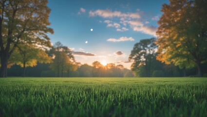 Fototapeta premium A peaceful landscape of trees and a lush green field at sunset with a bright sky and clouds.