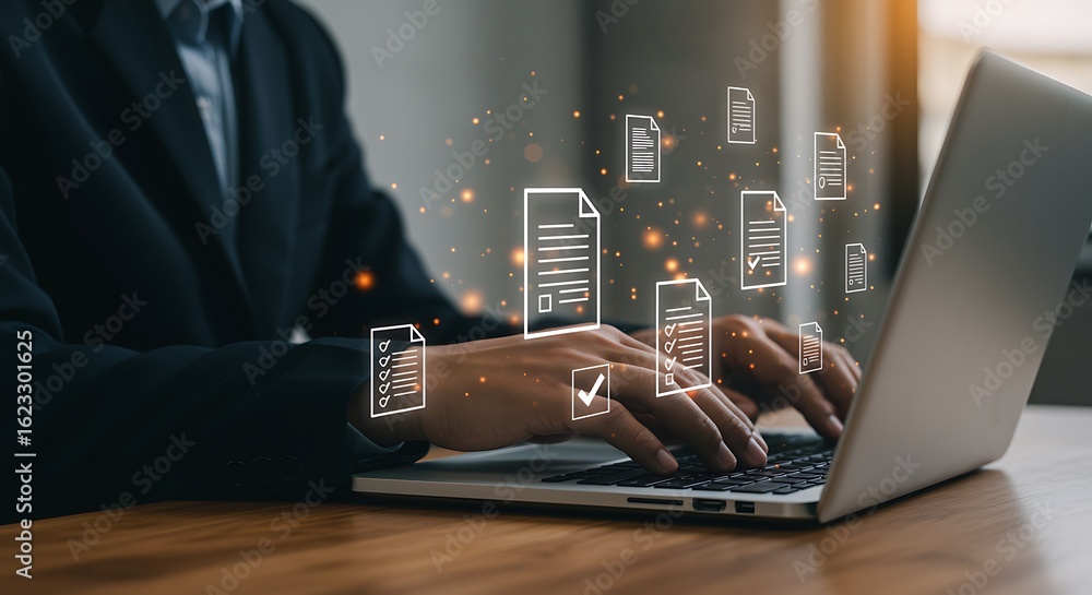 Poster businessman using laptop with floating digital document icons representing data management and stora