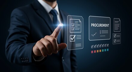 Business executive using digital interface to manage procurement processes and check lists.