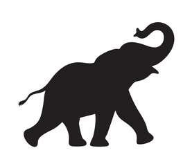 Black silhouette of an elephant with trunk raised walking on a white background animal