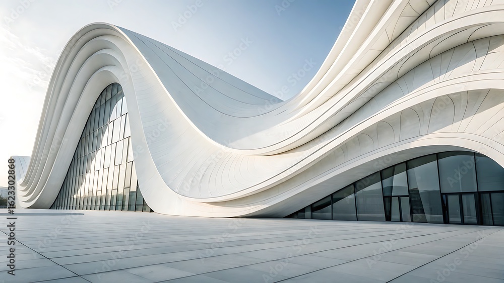 Poster modern architecture: white curved building facade with glass windows and contemporary design element