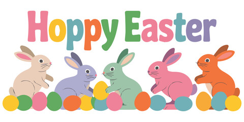 Colorful Hoppy Easter Illustration with Cute Bunnies and Easter Eggs Celebrating the Spring Season and Holiday