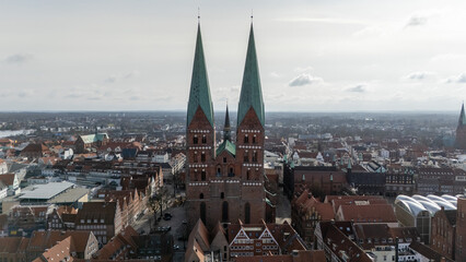 Aerial View of Historic City with Twin-Spired Church of Lubeck, Germany