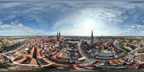 Aerial Panoramic View of Historic European City of Lubeck, Germany