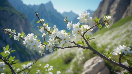 Blossoming branch of white flowers in a mountainous landscape with green hills and blue sky.