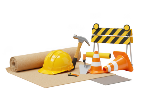 Construction tools and safety equipment arranged on a textured surface isolated on transparent background