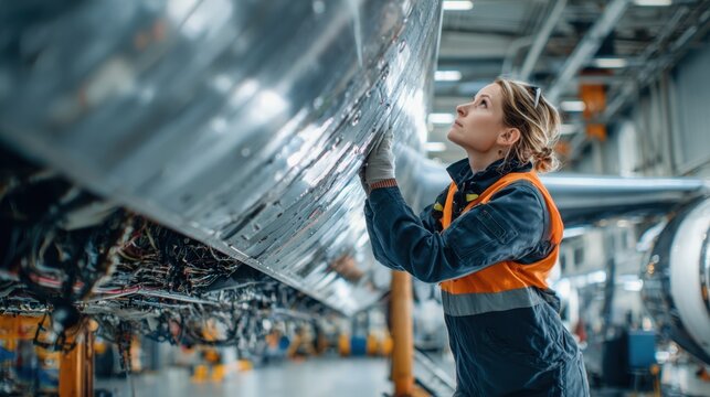 Aviation maintenance professional working under the wing of a commercial airplane checking hydraulic lines and electrical systems in a bright organized hangar environment.
