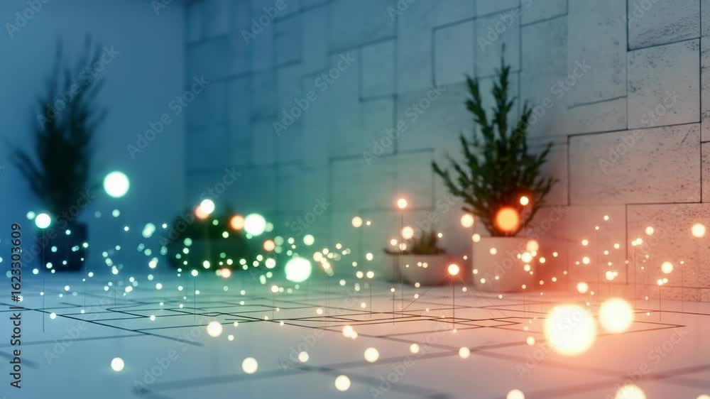 Poster a serene indoor space featuring potted plants softly glowing orbs of light floating around creating 