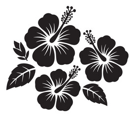 Black silhouette of three hibiscus flowers with leaves floral tropical