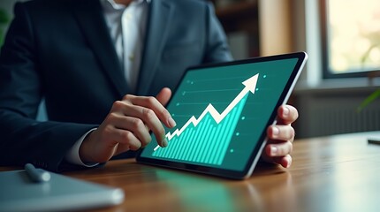 Businessperson Analyzing Growth: A focused professional, in a suit, intently studies an upward-trending growth chart displayed on a sleek tablet, symbolizing business expansion.