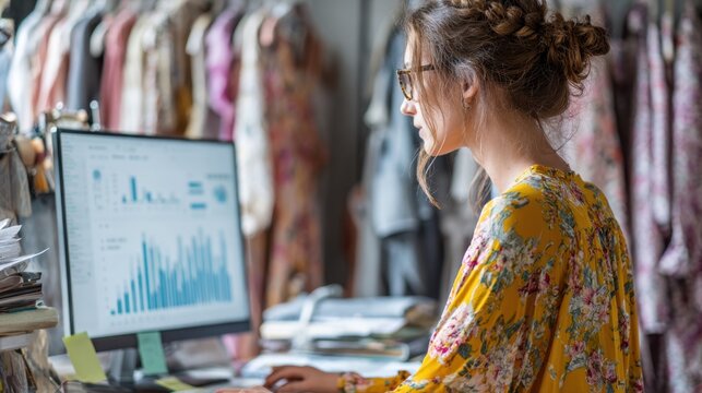 Overtheshoulder view of fashion merchandiser matching trend forecasts with historical sales data on computer ensuring balanced inventory for upcoming fashion season. - Powered by Adobe