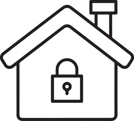 Simple line art icon of a house with a padlock on the front representing home security and safety