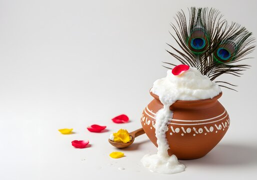 Krishna janmashtami photo of a clay pot filled with overflowing creamy curd, decorated with white patterns and peacock feathers, with scattered rose petals and a spoon, isolated on white background, c - Powered by Adobe