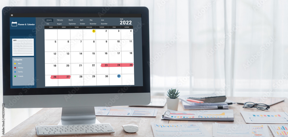 Poster calendar on computer software application for brisk schedule planning for personal organizer and onl