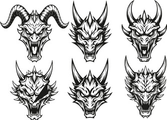 Demonic face silhouette bundle with horns, sharp teeth, intense expressions—black vector icons for fantasy, horror, and tattoo themes
