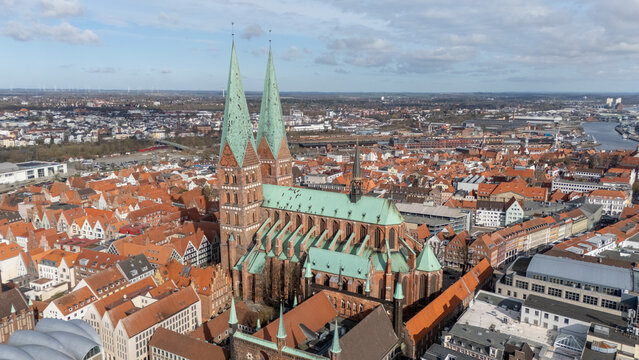 Aerial View of Lübeck's Historic St. Mary's Church - Powered by Adobe