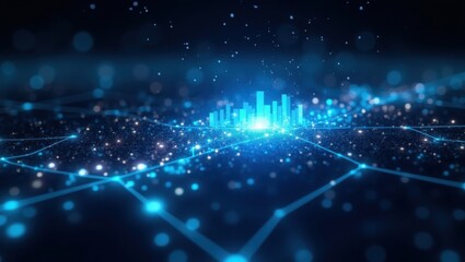 Abstract Futuristic Cityscape with Digital Network Connections and Glowing Particles Representing Data Flow and Connectivity