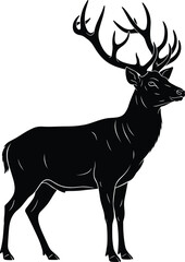 Deer silhouette with large branching antlers, standing in side profile, black vector icon for wildlife, nature, and forest themes