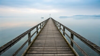 Obraz premium Serene View of a Wooden Pier Leading to Calm Waters Under a Cloudy Sky in Nature.