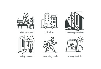 Fototapeta premium simple outline stroke icon items urban sketching (mood): quiet moment city life evening shadow rainy corner morning rush sunny sketch monoline icons style isolated on white background