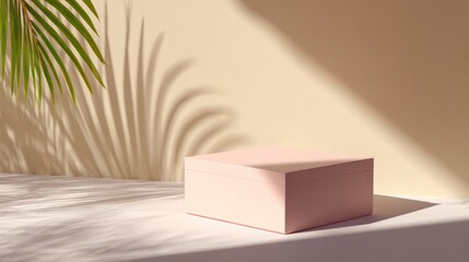 Light-filled display featuring a pale pink box and tropical leaf shadows.