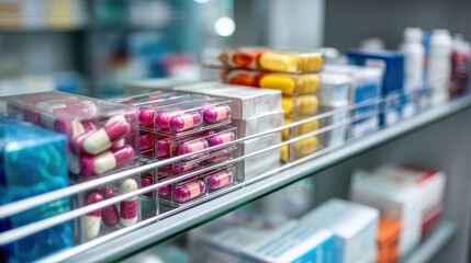 Clean arrangement of medicine boxes and pills on shelf, suited for medical packaging design, health blog illustrations, and drugstore advertising campaigns.