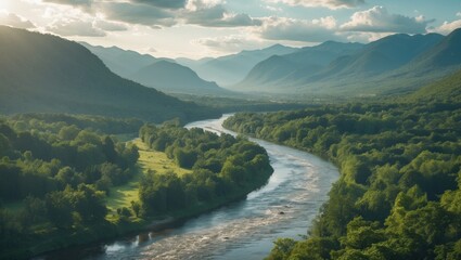 Lush green valley with river flowing through, surrounded by hills and mountains, under a partly cloudy sky.