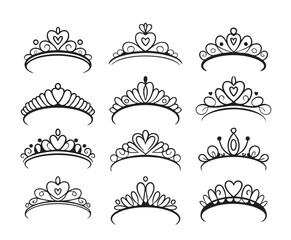 Collection of twelve black and white decorative tiaras and crowns with heart shapes princess queen © MD. HASAN ALI