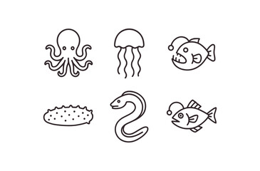 Obraz premium simple outline stroke icon items deep sea diver (wildlife): octopus jellyfish deep fish sea cucumber eel lanternfish monoline icons style isolated on white background