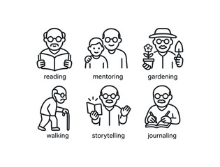 simple outline stroke icon items retired teacher (activities): reading mentoring gardening walking storytelling journaling monoline icons style isolated on white background