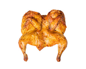 Whole roasted chicken on white background cooked meal isolated poultry dish