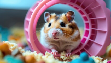 A cute hamster inside a pink exercise wheel, surrounded by bedding and toys.
