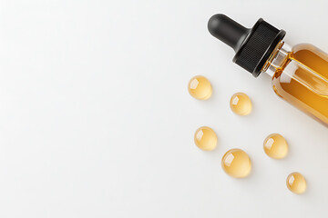 Serum in amber bottle with dropper and drops of golden liquid on a white surface. Great for beauty and skincare product shots and design layouts.