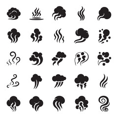 Collection of twenty monochrome silhouette icons representing steam and smoke vapor fume