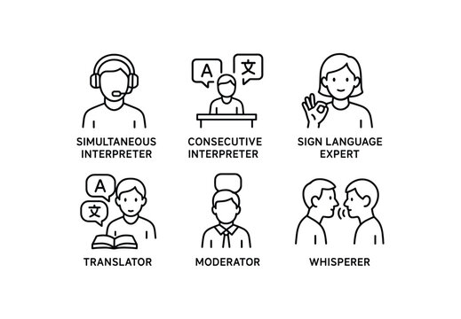 simple outline stroke icon items language interpreter (roles): simultaneous interpreter consecutive interpreter sign language expert translator moderator whisperer monoline icons style