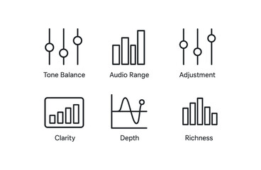 Obraz premium simple outline stroke icon items audio equalizer (concepts): tone balance audio range adjustment clarity depth richness monoline icons style isolated on white background