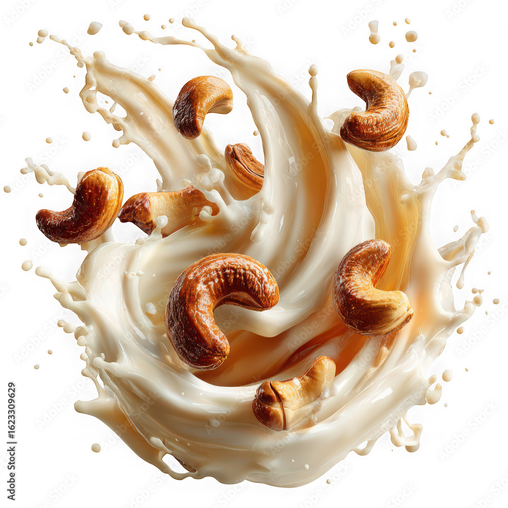 Poster cashews falling into a swirling splash of fresh milk creating a dynamic and visually appealing image