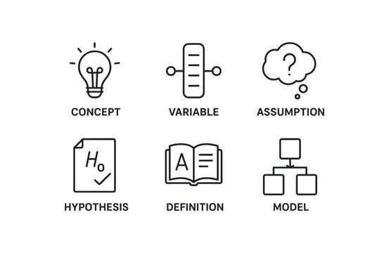 simple outline stroke icon items conceptual framework (elements): concept assumption hypothesis definition model monoline icons style isolated on white background