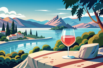 vector of Provençal rosé wine is served chilled in a glass on a large white rock in the sun with a view of a beautiful lake.