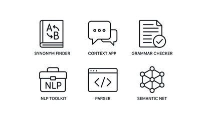 simple outline stroke icon items semantic filter (tools): synonym finder context app grammar checker NLP toolkit parser semantic net monoline icons style isolated on white background