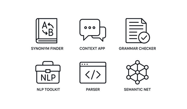 simple outline stroke icon items semantic filter (tools): synonym finder context app grammar checker NLP toolkit parser semantic net monoline icons style isolated on white background