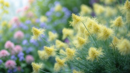 Colorful flowers and yellow fluffy plants in a garden with blurred background.