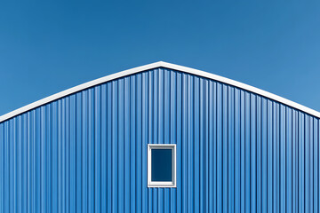Obraz premium Minimalist architecture: Blue corrugated metal building with a single window, set against a clear blue sky. Clean lines, simple design.