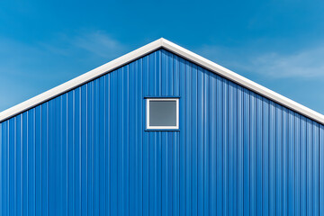 Obraz premium Blue corrugated metal facade with a centered square window and a white trim against a blue sky. Minimalist and architectural.