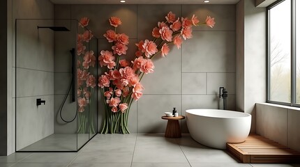 Modern bathroom with a freestanding bathtub and floral decor
